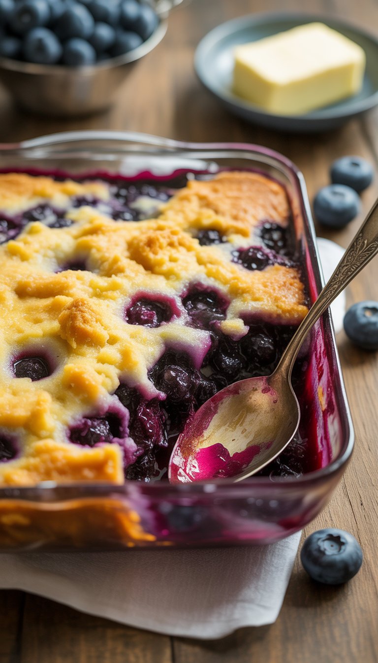 A freshly baked blueberry dump cake with a golden butter topping in a glass baking dish on a wooden table, with fresh blueberries and a serving spoon nearby.