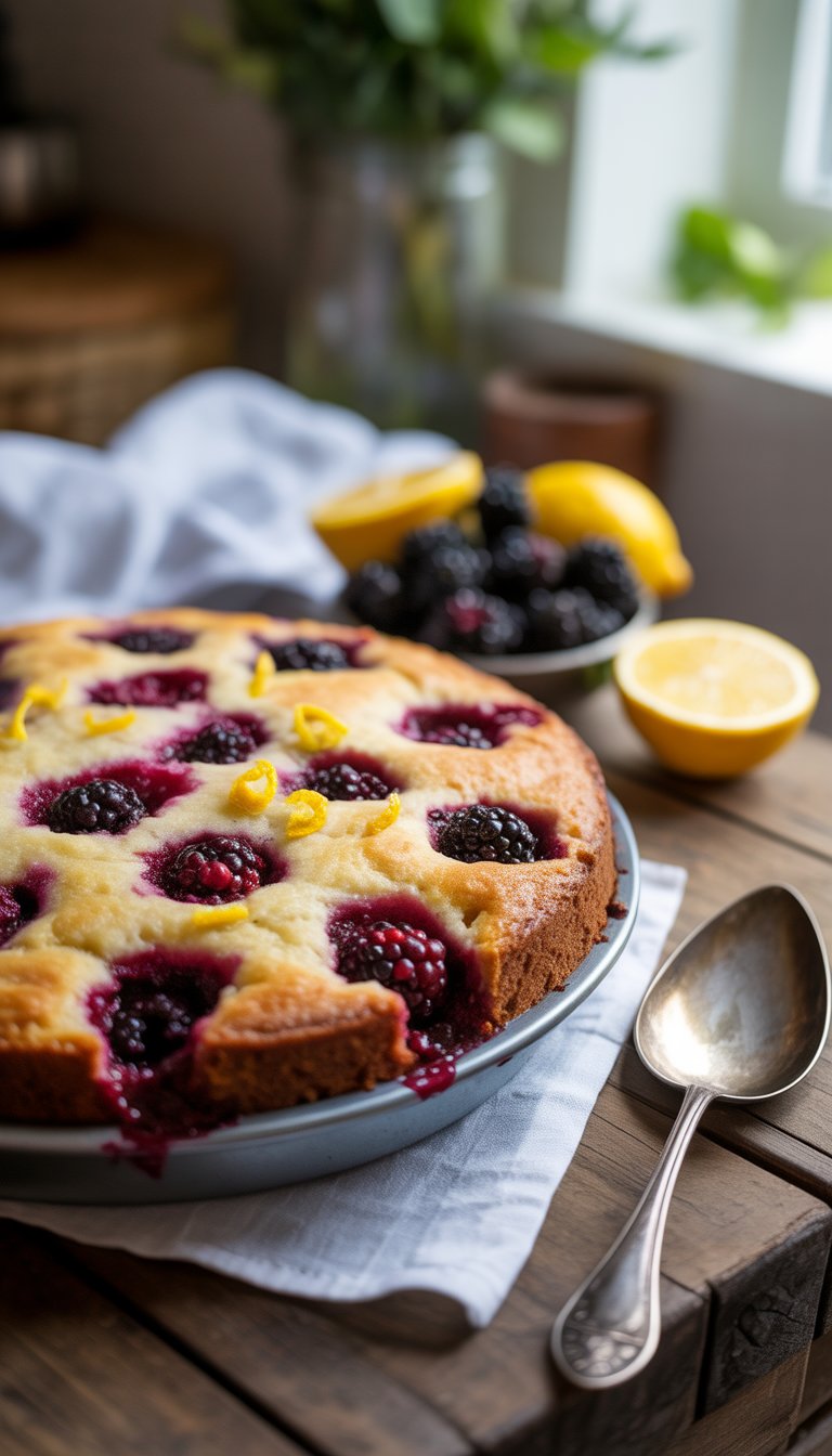 A freshly baked blackberry and lemon dump cake on a wooden table with fresh blackberries and lemon slices nearby.