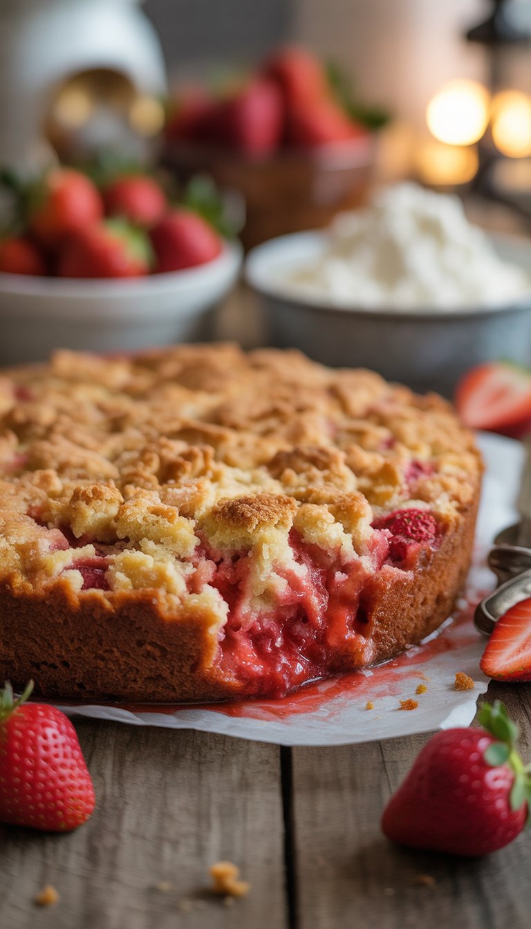 A freshly baked strawberry dump cake with a golden crumb topping on a wooden table, surrounded by fresh strawberries and a bowl of cake mix.