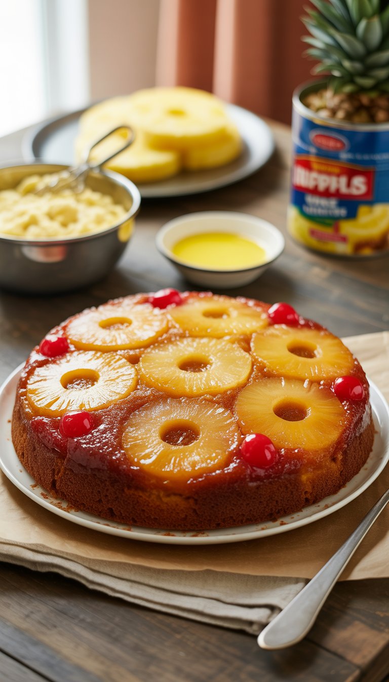 A pineapple upside-down dump cake with caramelized pineapple rings and cherries on a wooden table, surrounded by baking ingredients and kitchen utensils.
