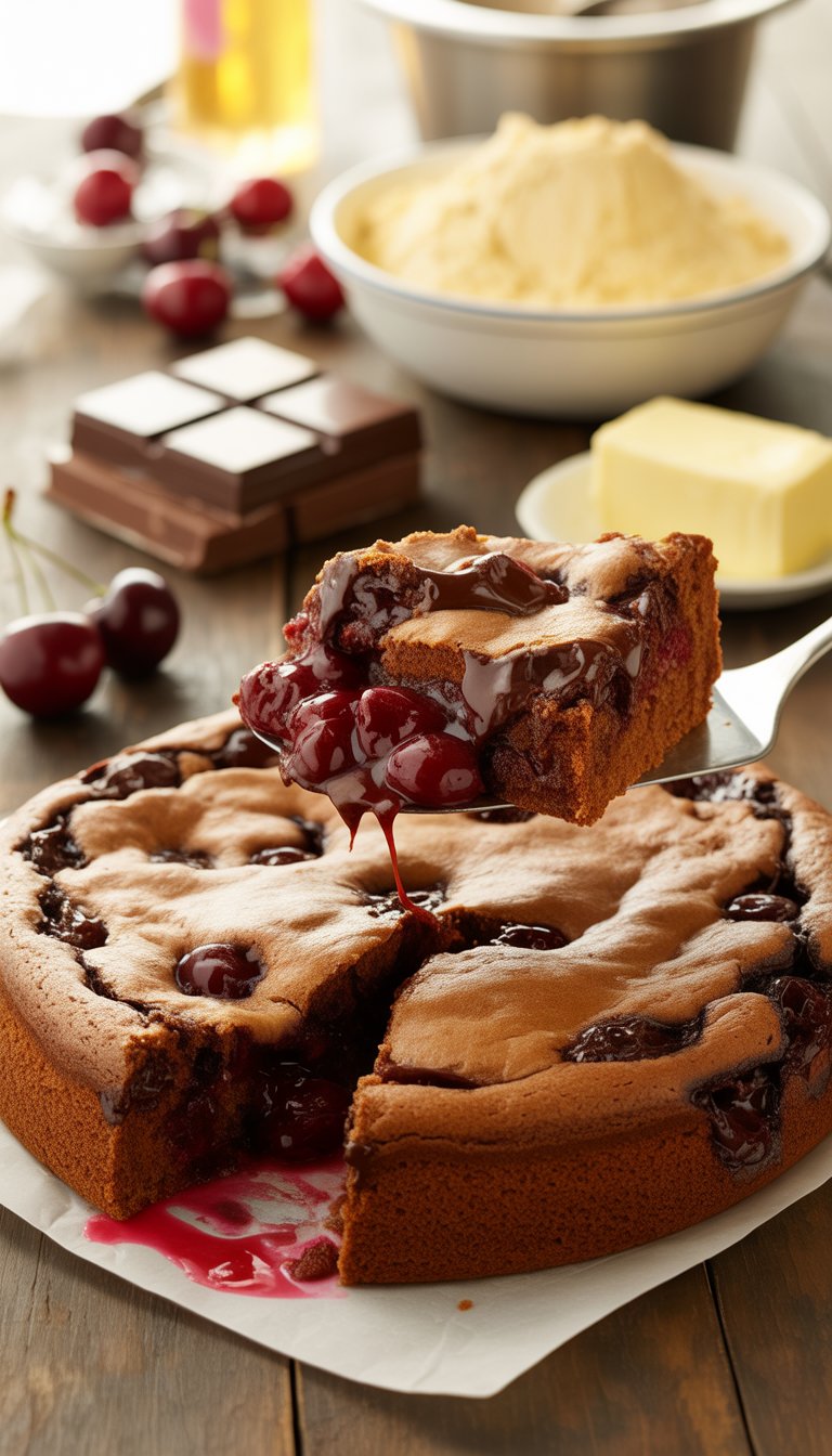A freshly baked chocolate cherry dump cake on a wooden table with a slice being lifted, surrounded by cherries, chocolate, cake mix, and butter.
