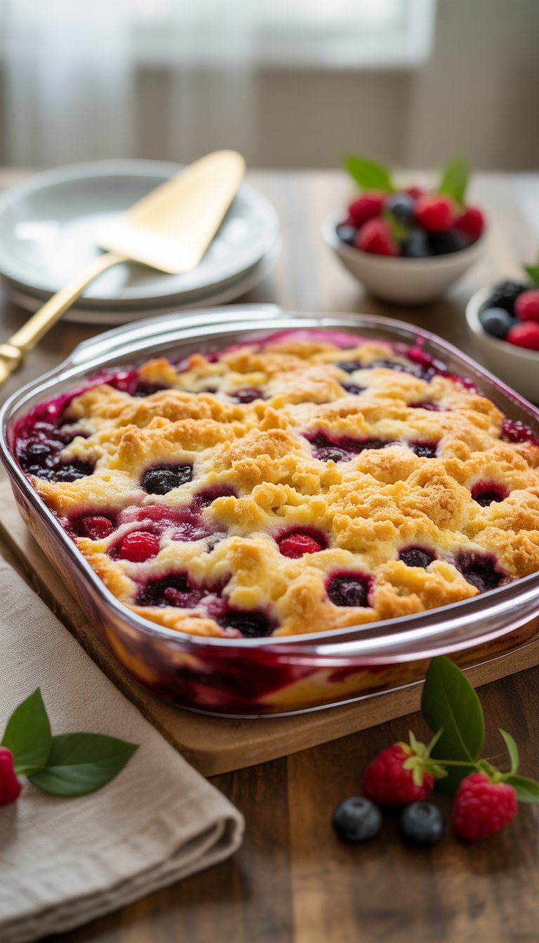 A glass baking dish filled with a golden mixed berry dump cake with berries visible around the edges on a wooden table.