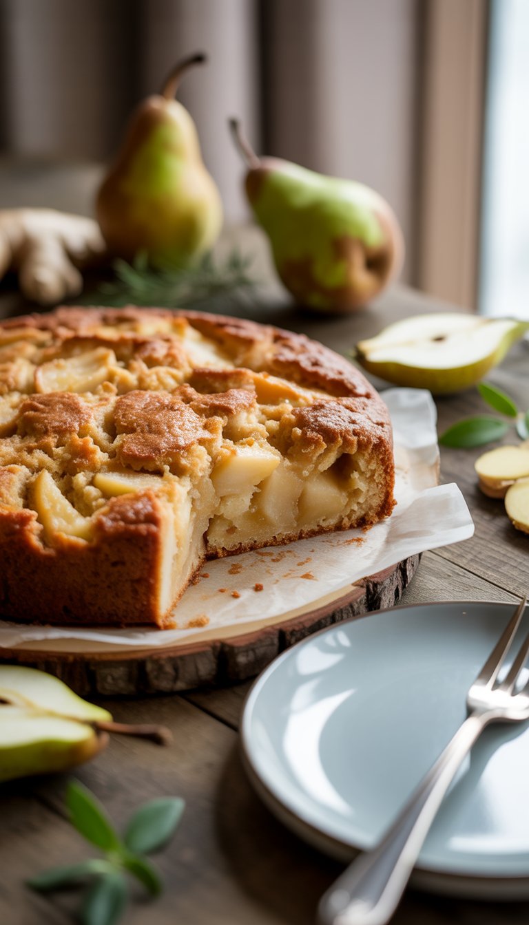 A freshly baked pear and ginger dump cake on a white plate with pears and ginger root on a wooden table.
