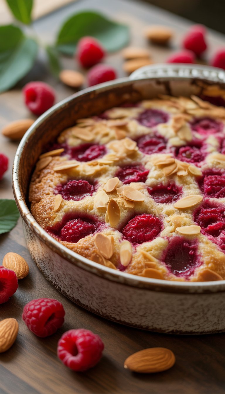 A freshly baked raspberry almond cake in a ceramic dish with raspberries and almonds on a wooden table.
