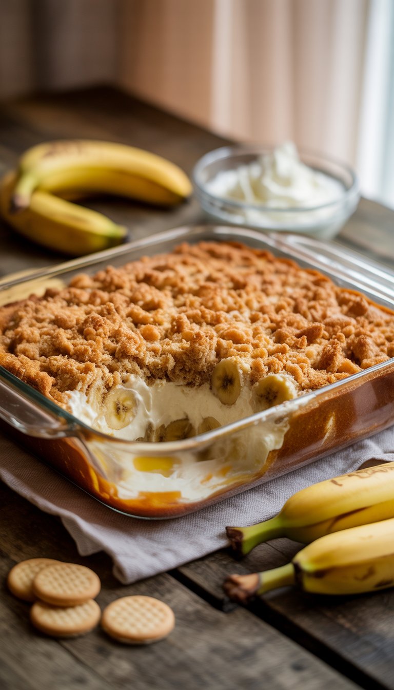 A freshly baked banana cream dump cake in a glass dish on a wooden table with bananas and whipped cream nearby.