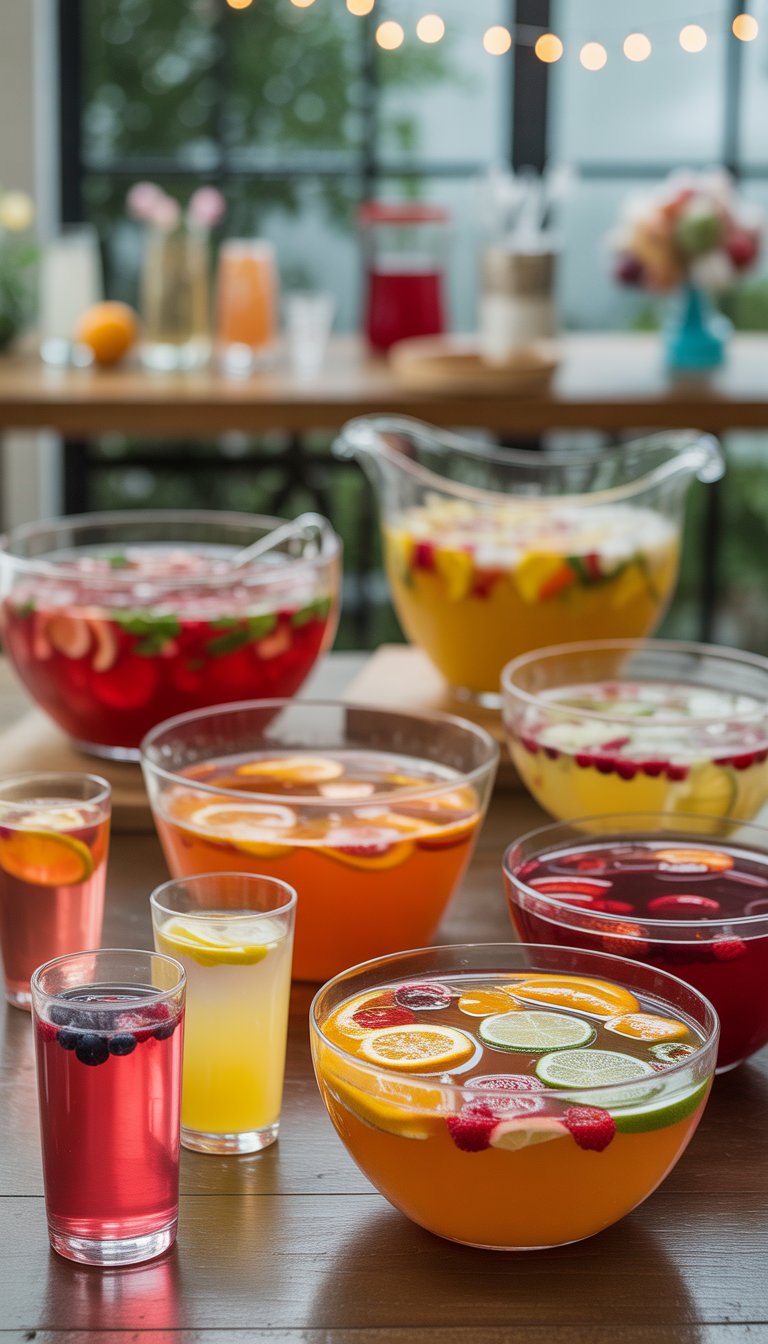 A table with several bowls and glasses of colorful punch drinks garnished with fresh fruit slices at a party.