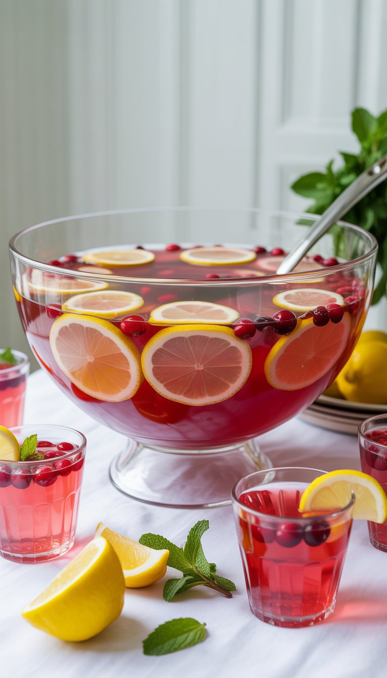 A large glass punch bowl filled with lemonade cranberry punch, surrounded by glasses with the drink, lemon slices, and cranberries on a party table.