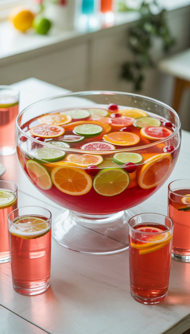 A large glass punch bowl filled with fruit punch garnished with citrus slices and cherries, surrounded by glasses of punch topped with ginger ale on a wooden table.
