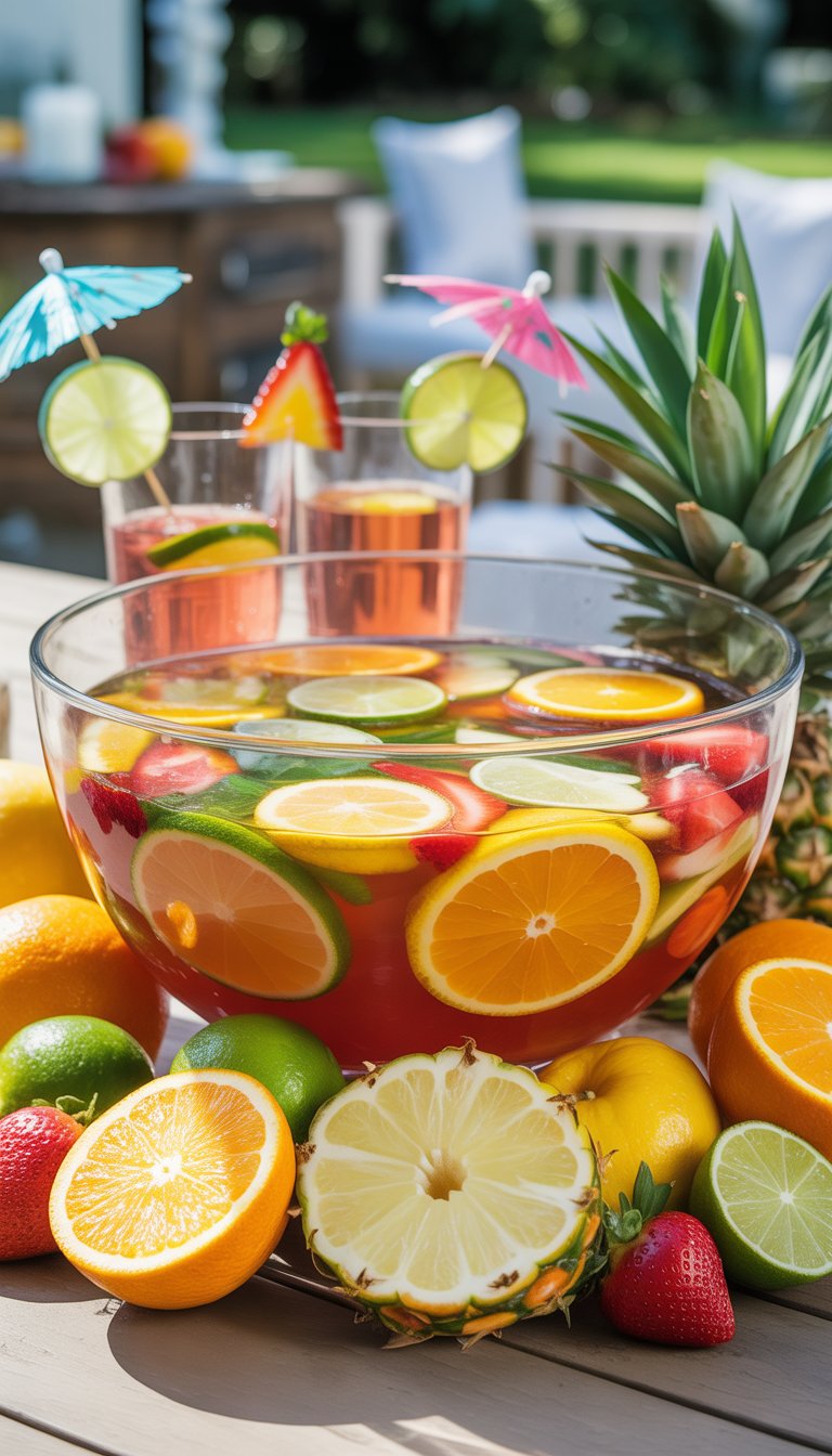 A large glass punch bowl filled with colorful jungle juice surrounded by fresh fruit slices and glasses of punch on a wooden table at a party.