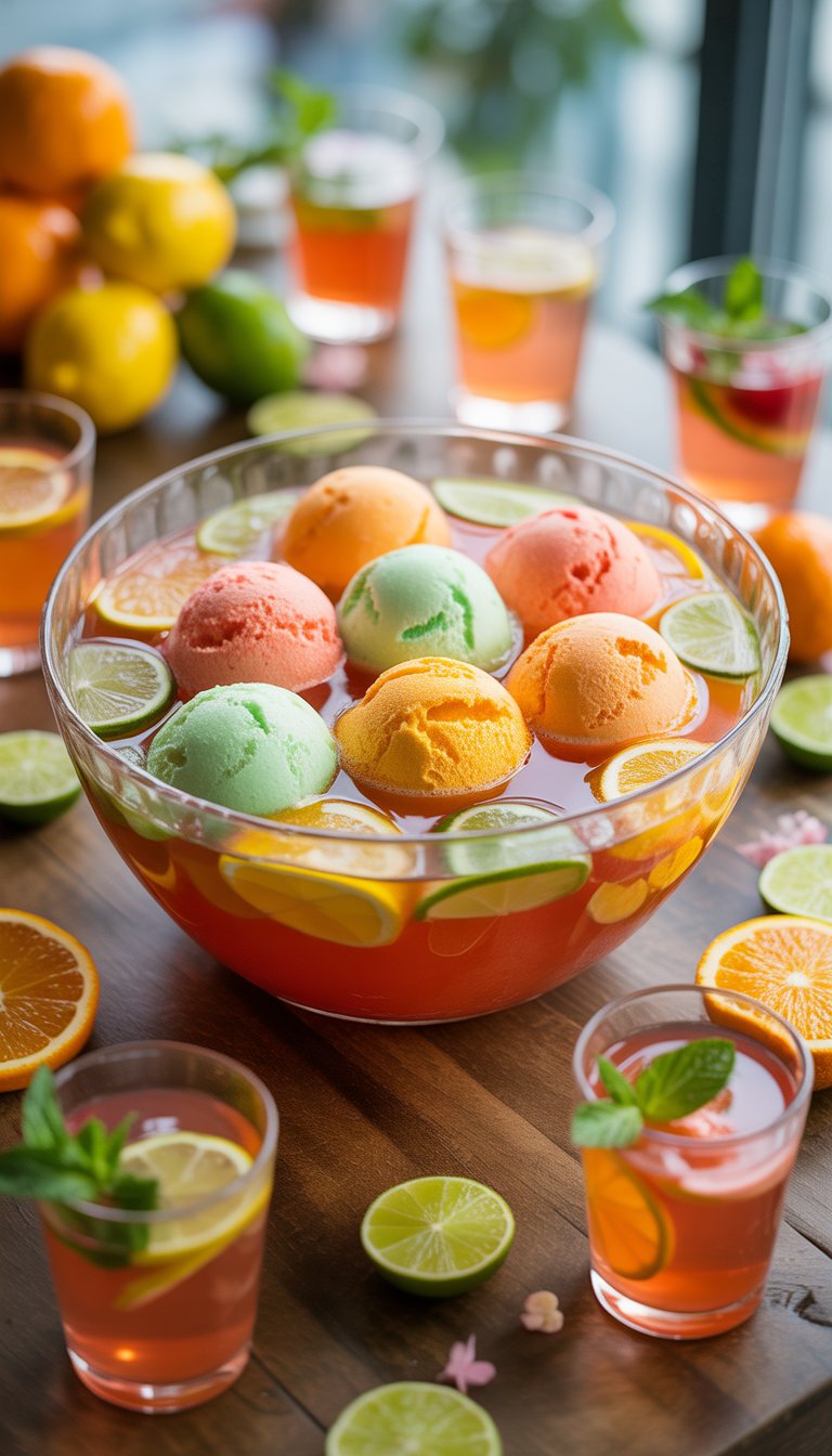 A large glass punch bowl filled with colorful sherbet citrus punch surrounded by glasses garnished with citrus slices and mint on a wooden table with scattered citrus fruits.