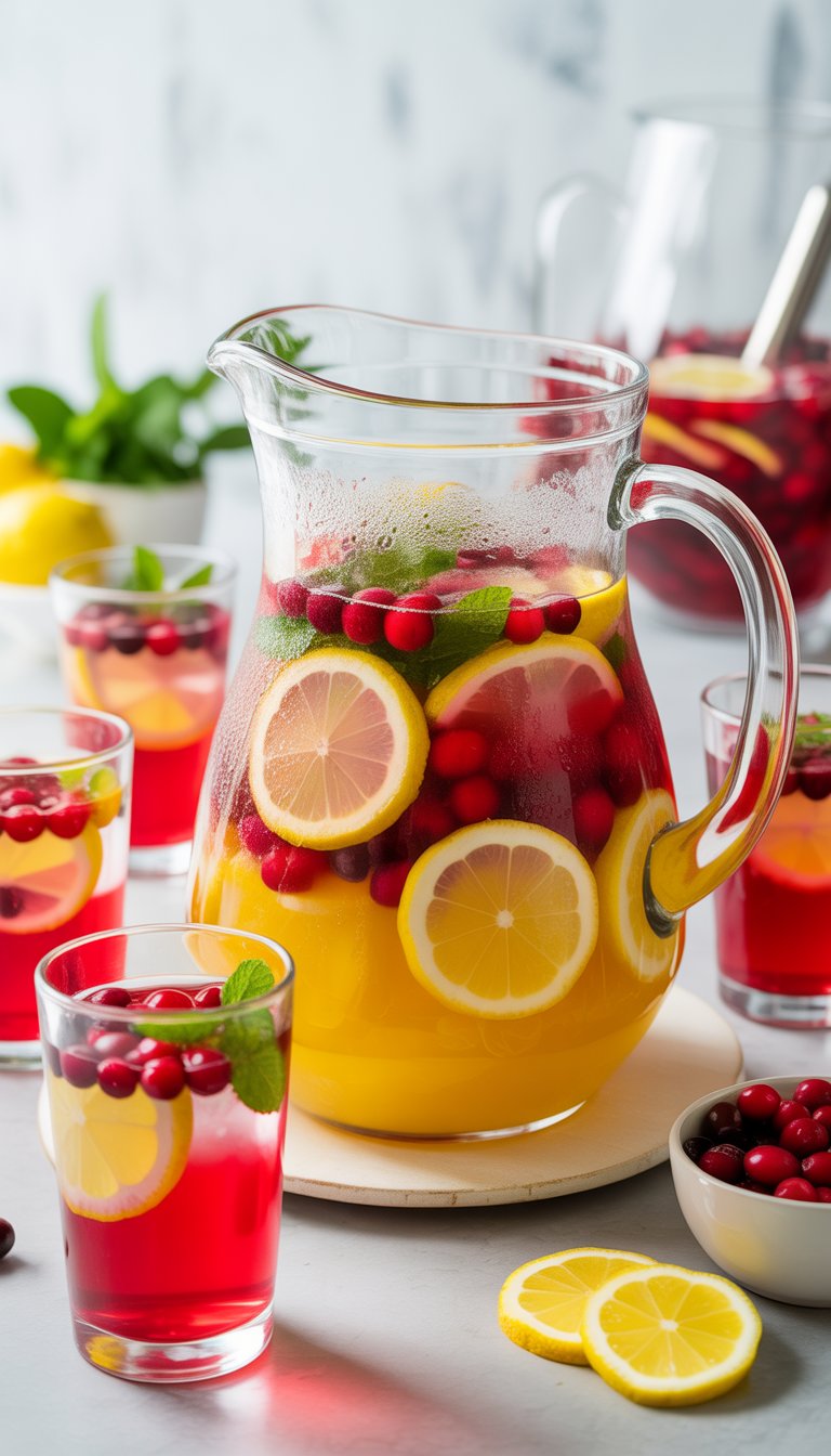 A pitcher and glasses filled with frozen lemonade and cranberry punch garnished with lemon slices, cranberries, and mint on a table.