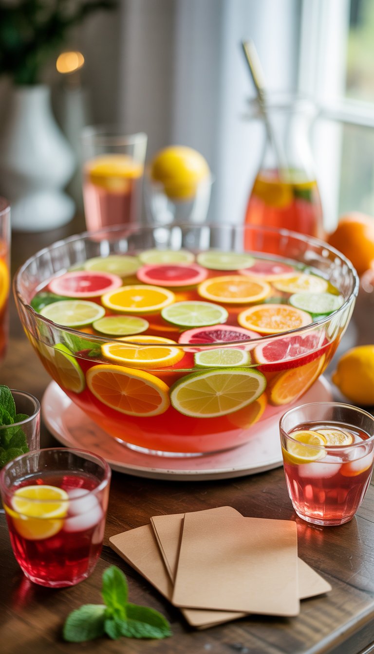 A large glass punch bowl filled with colorful fruit punch and citrus slices, surrounded by glasses of punch on a wooden table.