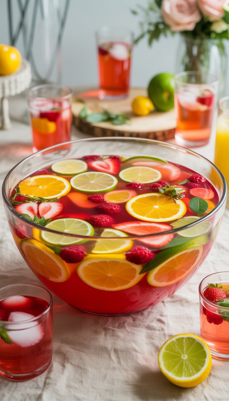 A large glass punch bowl filled with colorful fruity punch garnished with citrus slices and berries, surrounded by glasses of punch on a decorated party table.