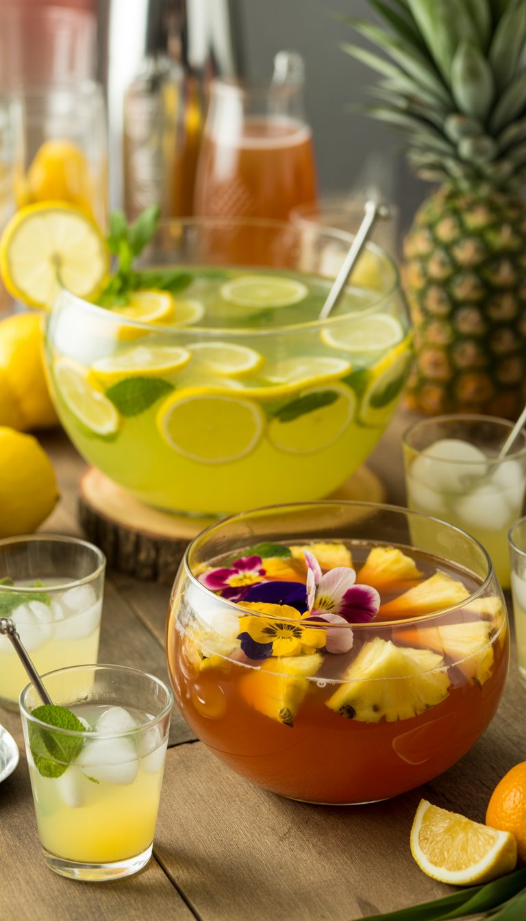 Two bowls of colorful citrus and pisco punch on a wooden table with garnishes and glasses, set for a party.