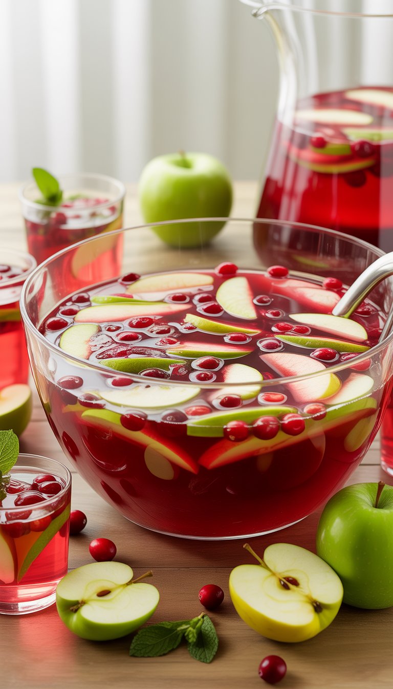 A punch bowl filled with cranberry-apple juice punch, surrounded by glasses of the drink garnished with apple slices and cranberries on a wooden table.