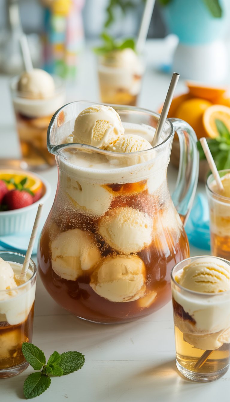 A pitcher and glasses of vanilla ice cream float punch on a table with fruit garnishes, ready to serve at a party.