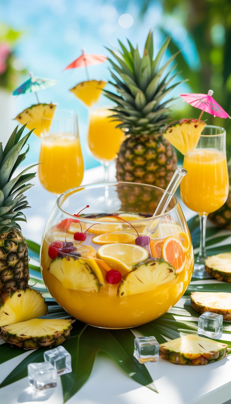 A bright outdoor table with a large bowl of pineapple punch garnished with fruit, surrounded by glasses filled with the same drink and tropical decorations.
