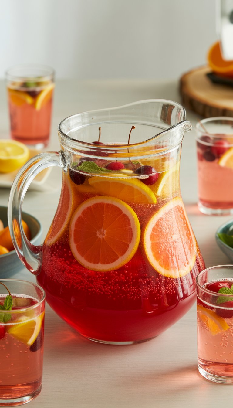 A pitcher and glasses filled with sparkling fruit punch garnished with fresh fruit slices on a party table.