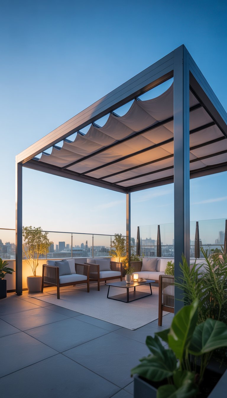 Rooftop patio with a retractable fabric pergola roof, outdoor seating, plants, and city skyline in the background.