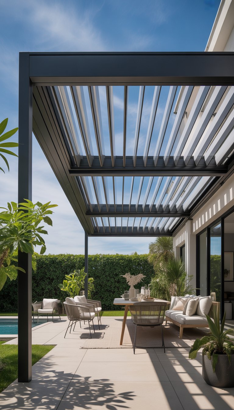 Outdoor patio with an aluminum louvered roof partially open, furnished with seating and plants, surrounded by greenery.