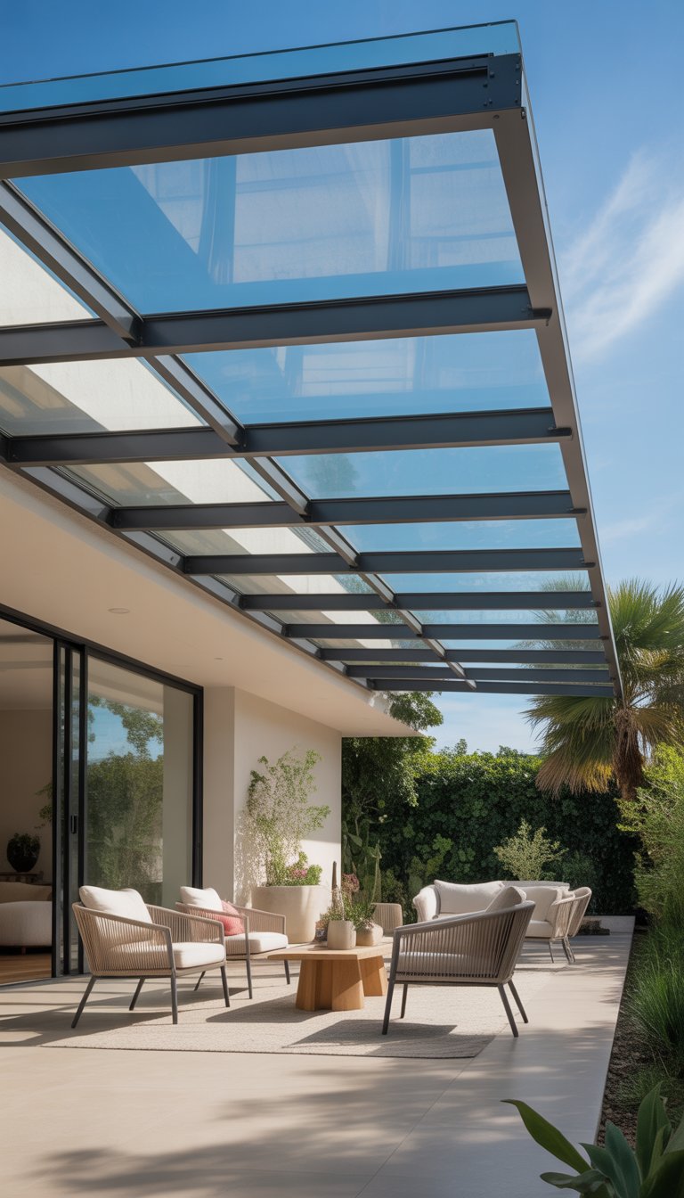 Outdoor patio with a glass roof providing shade, furnished with chairs and a table, surrounded by plants and greenery.