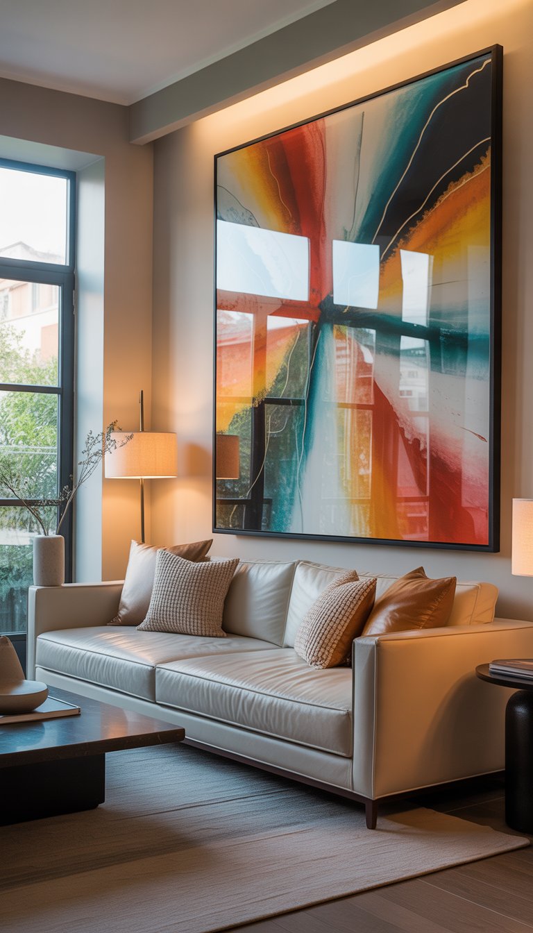 A modern living room with a large abstract painting on the wall, a neutral sofa, coffee table, and natural light coming through windows.