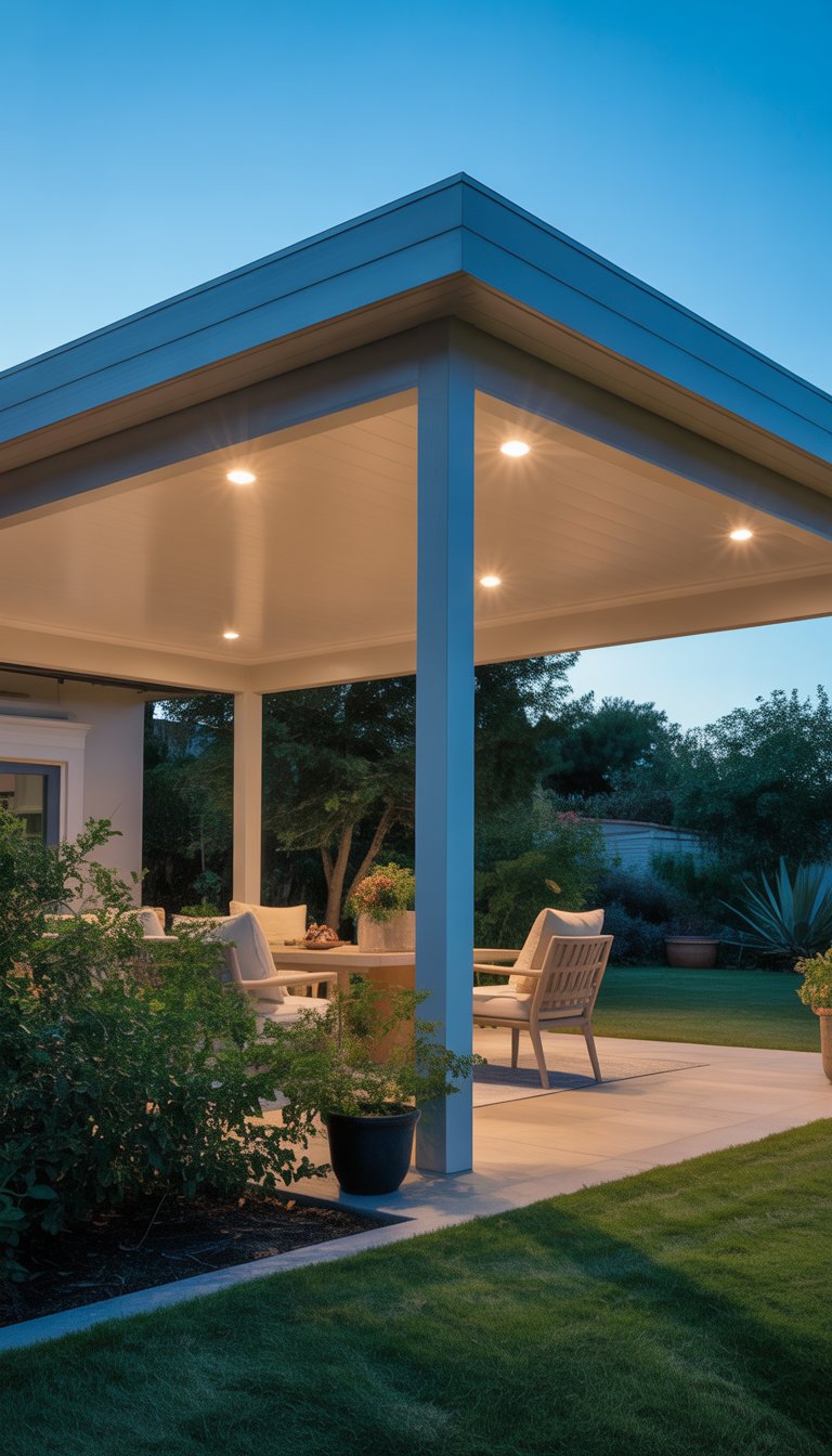 A vinyl patio cover with built-in lighting over an outdoor seating area in a backyard with plants and lawn.