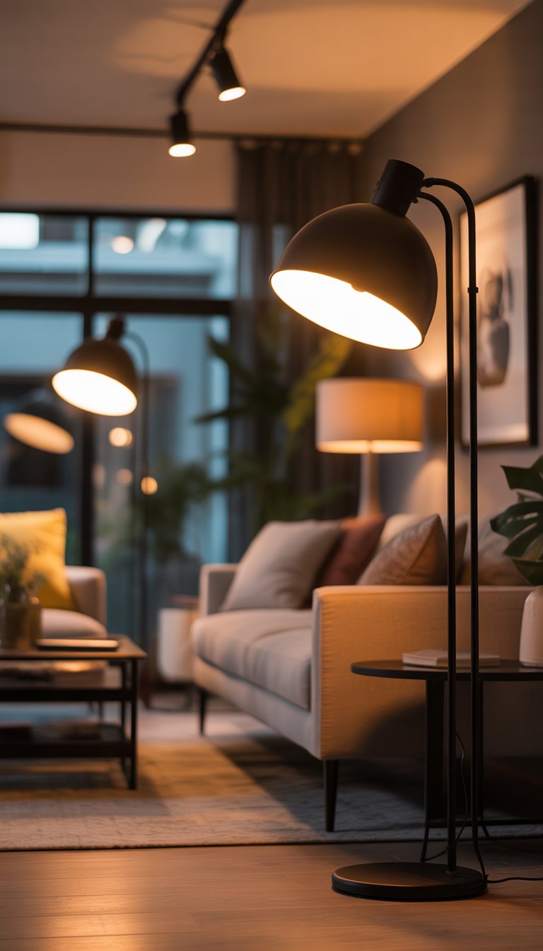 A living room with black floor lamps casting warm light over comfortable seating and a coffee table.