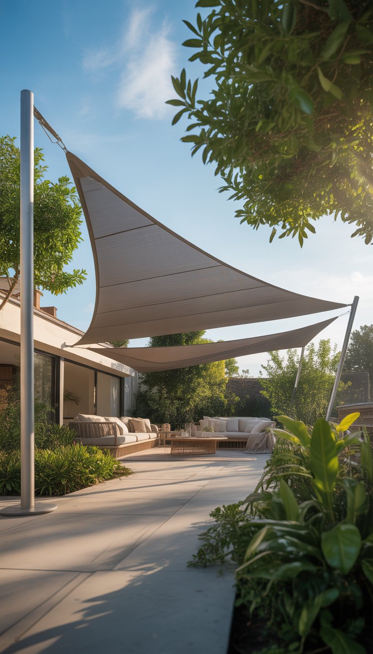 Outdoor patio with a large triangular shade sail canopy providing shade over comfortable seating surrounded by greenery.