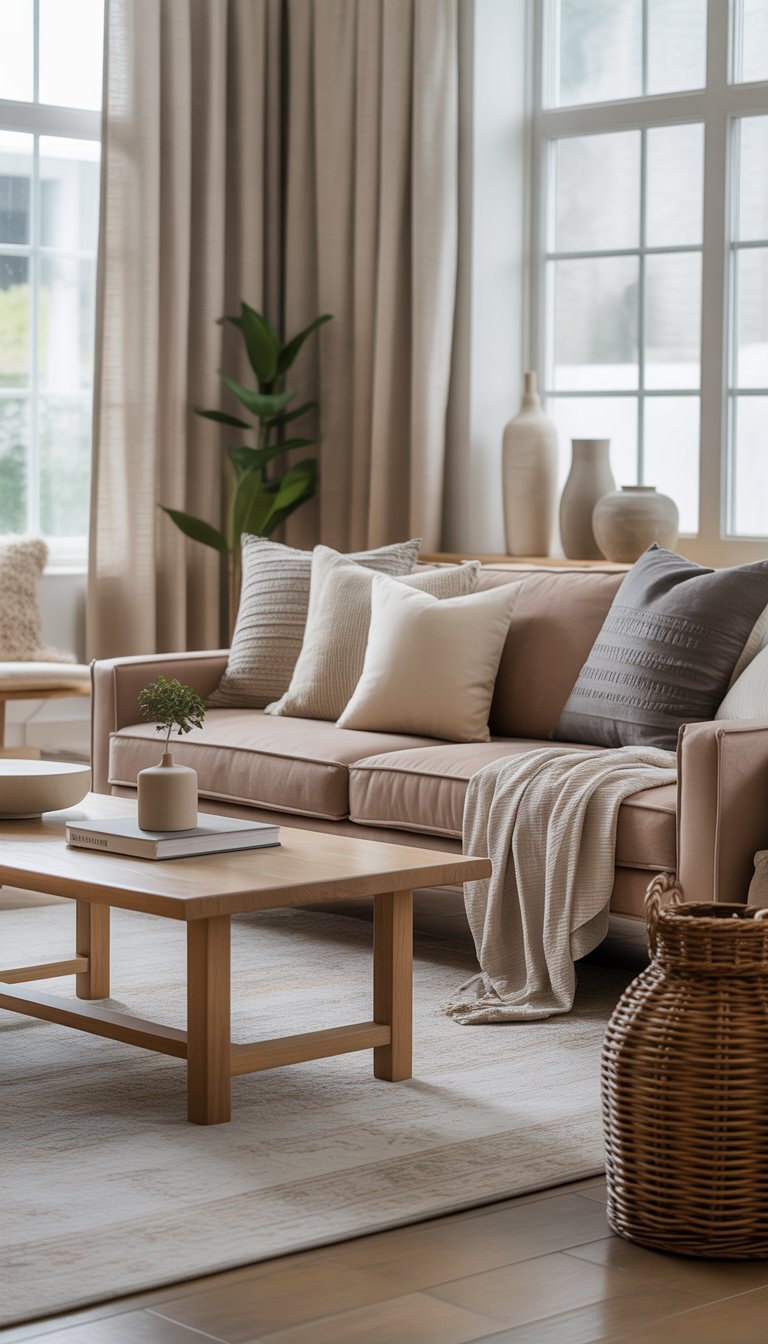 A living room with a beige sofa, textured pillows, a wooden coffee table, a rug, and large windows letting in natural light.