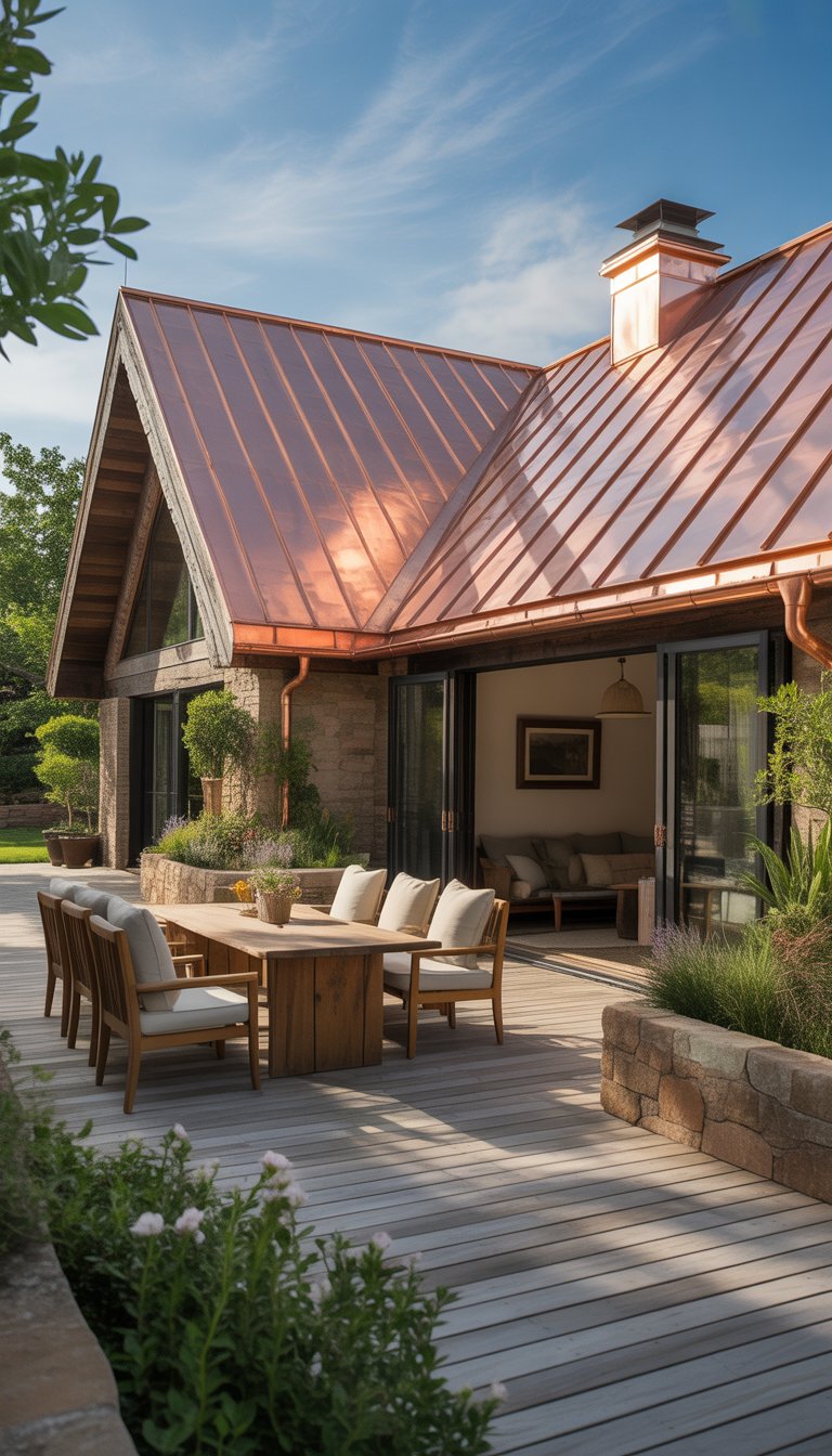 Outdoor patio with a copper roof, wooden deck, seating area, and surrounding greenery under a clear sky.