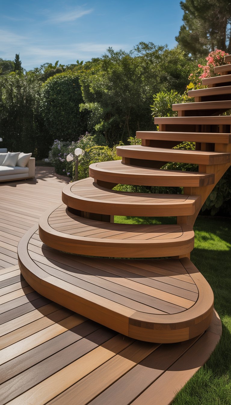 Curved wooden deck stairs leading down to a garden with green plants and flowers.