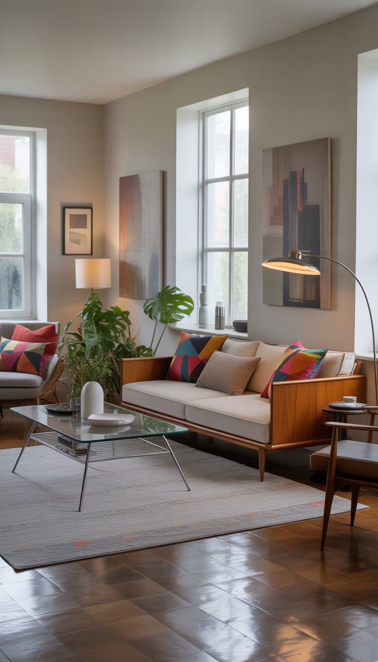 A bright living room with a wooden sofa, glass coffee table, floor lamp, abstract wall art, and indoor plants.