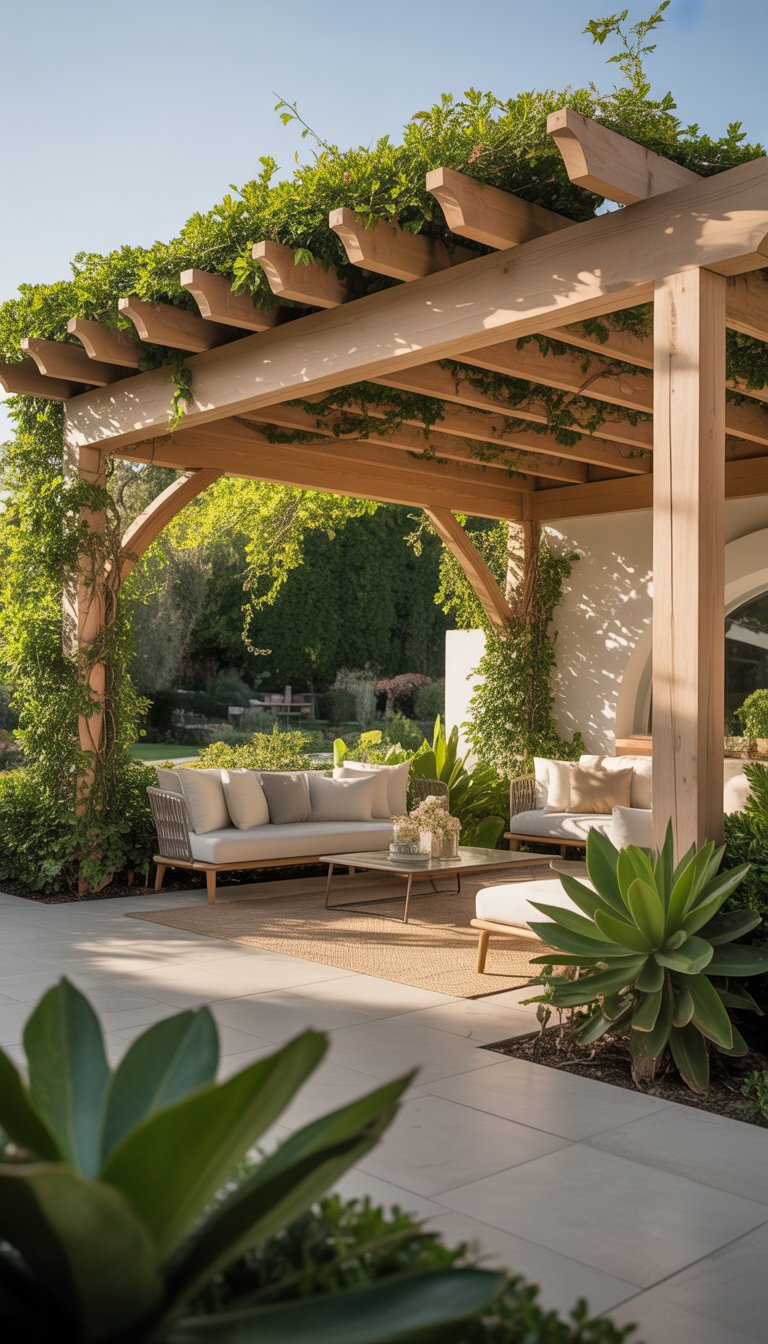Outdoor patio with a wooden pergola roof covered in climbing vines and a seating area underneath surrounded by plants.