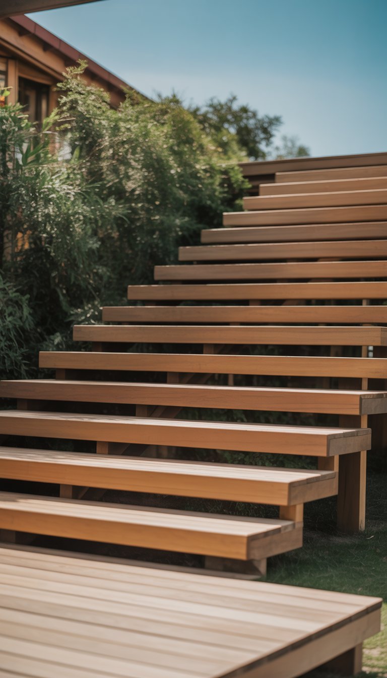 Wide wooden outdoor deck stairs without railings leading up to a deck surrounded by green plants and blue sky.