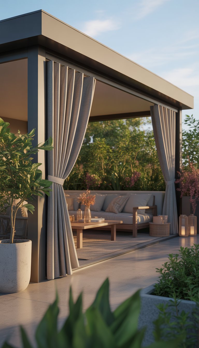 Outdoor patio with roll-down curtains, covered roof, comfortable seating, and surrounding greenery.