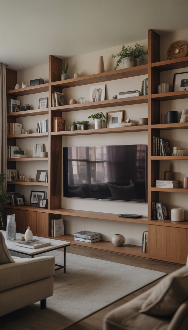 Living room with built-in shelving around a TV, decorated with books, plants, and decorative items, with a sofa and coffee table nearby.