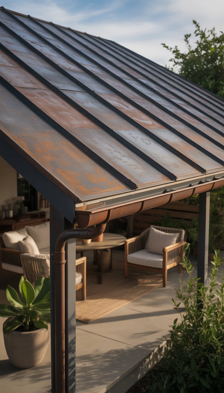 Outdoor patio with a rustic metal panel roof, wooden furniture, and surrounding plants under natural daylight.