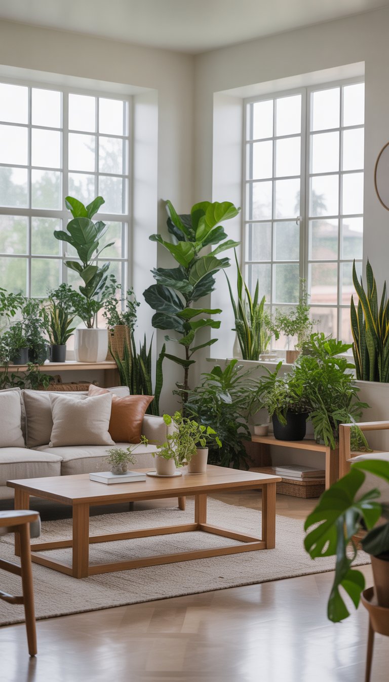 A modern living room filled with various indoor plants, natural light, a sofa, and a wooden coffee table.