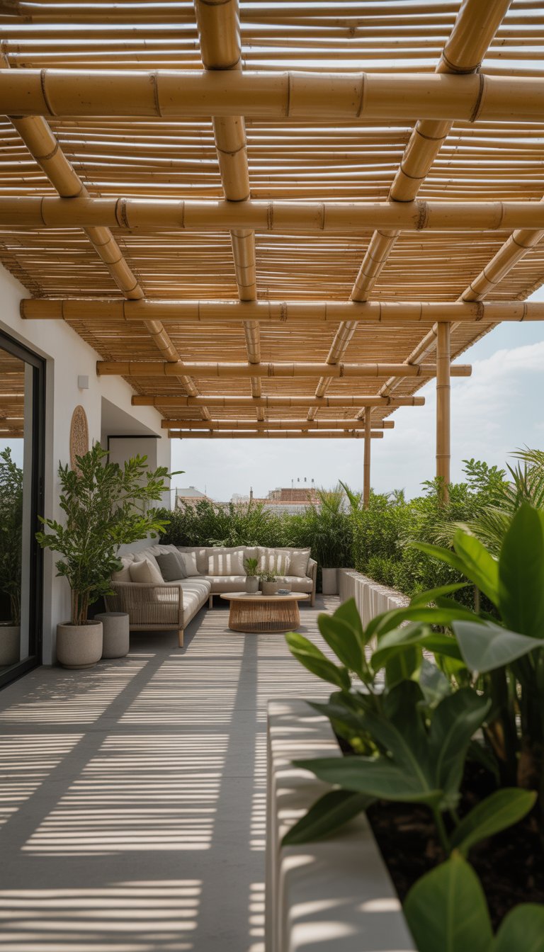Outdoor patio with a bamboo roof, comfortable seating, and green plants under a sunny sky.