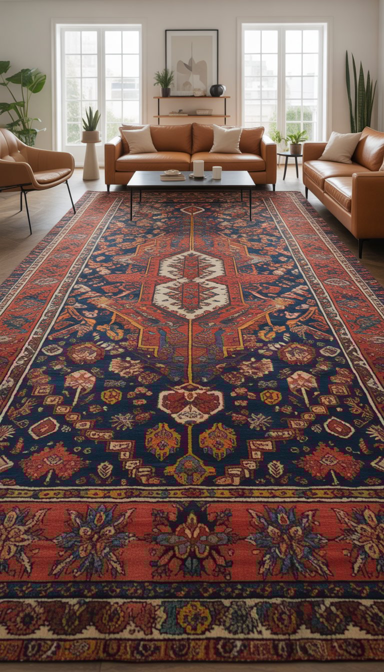 A living room with a large patterned area rug defining the seating area with a sofa, armchairs, coffee table, and natural light from windows.