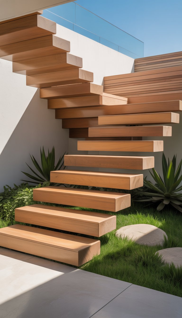 Outdoor wooden stairs with stacked steps creating layered depth surrounded by plants and stone accents.
