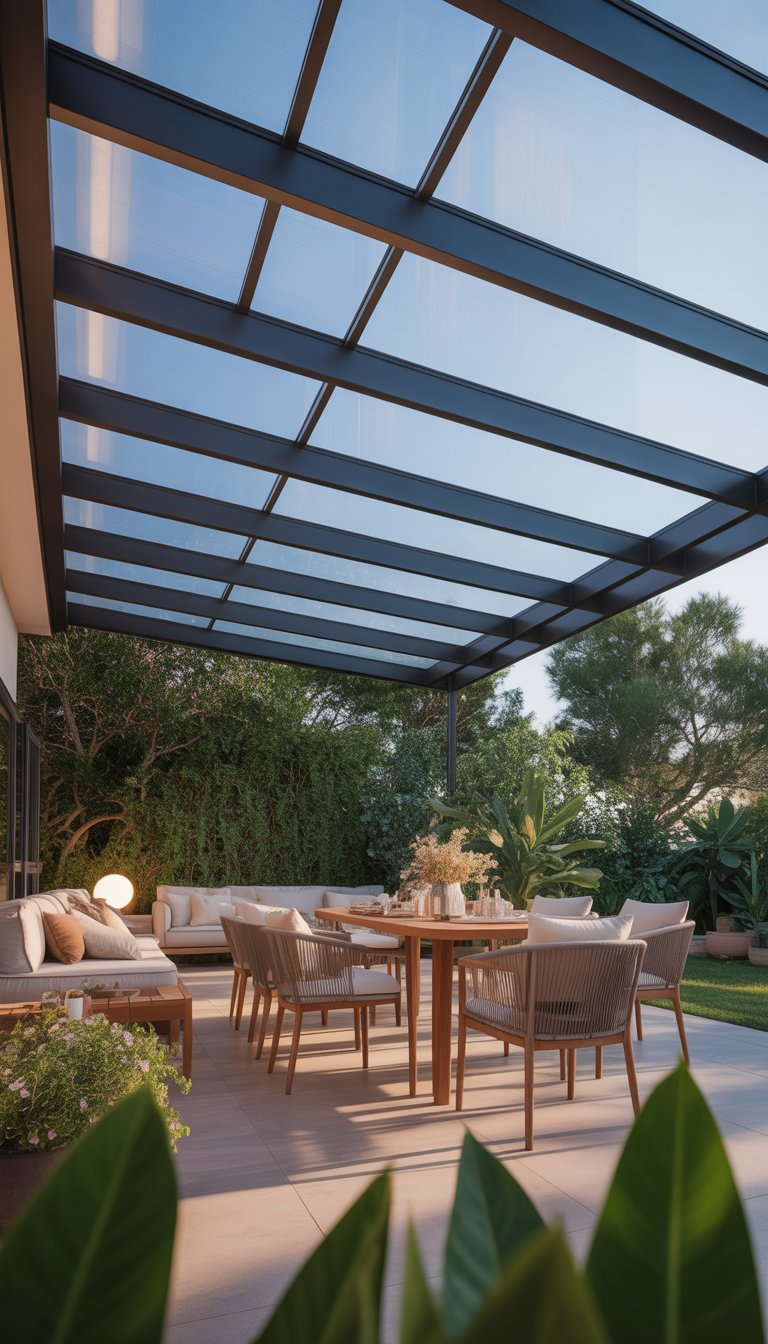 Outdoor patio with insulated translucent roof panels, comfortable seating, plants, and a wooden dining table under natural daylight.