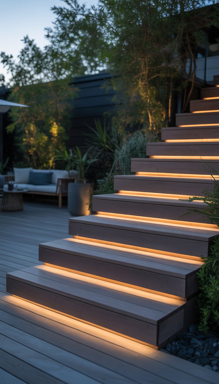 Outdoor wooden deck stairs with warm lights glowing under each step during dusk surrounded by greenery.