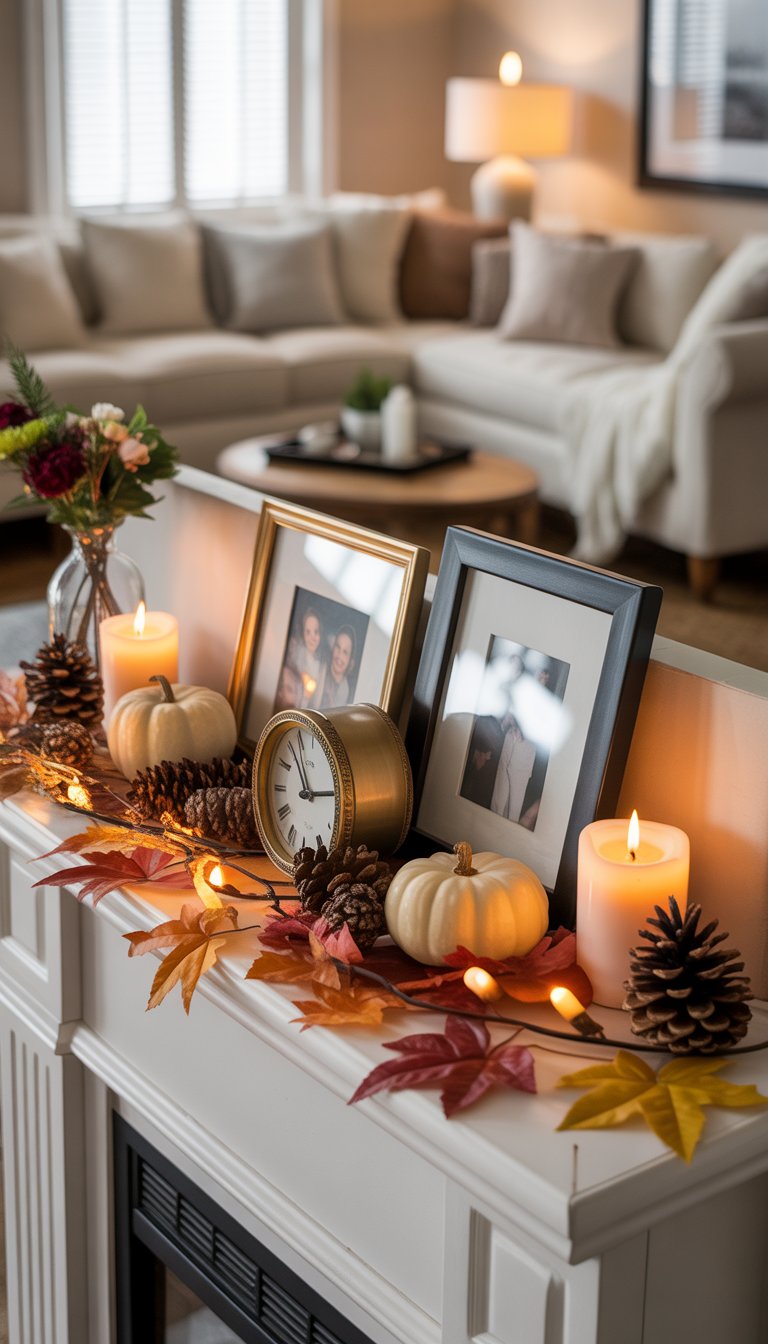 A living room fireplace mantel decorated with seasonal items and personal keepsakes.