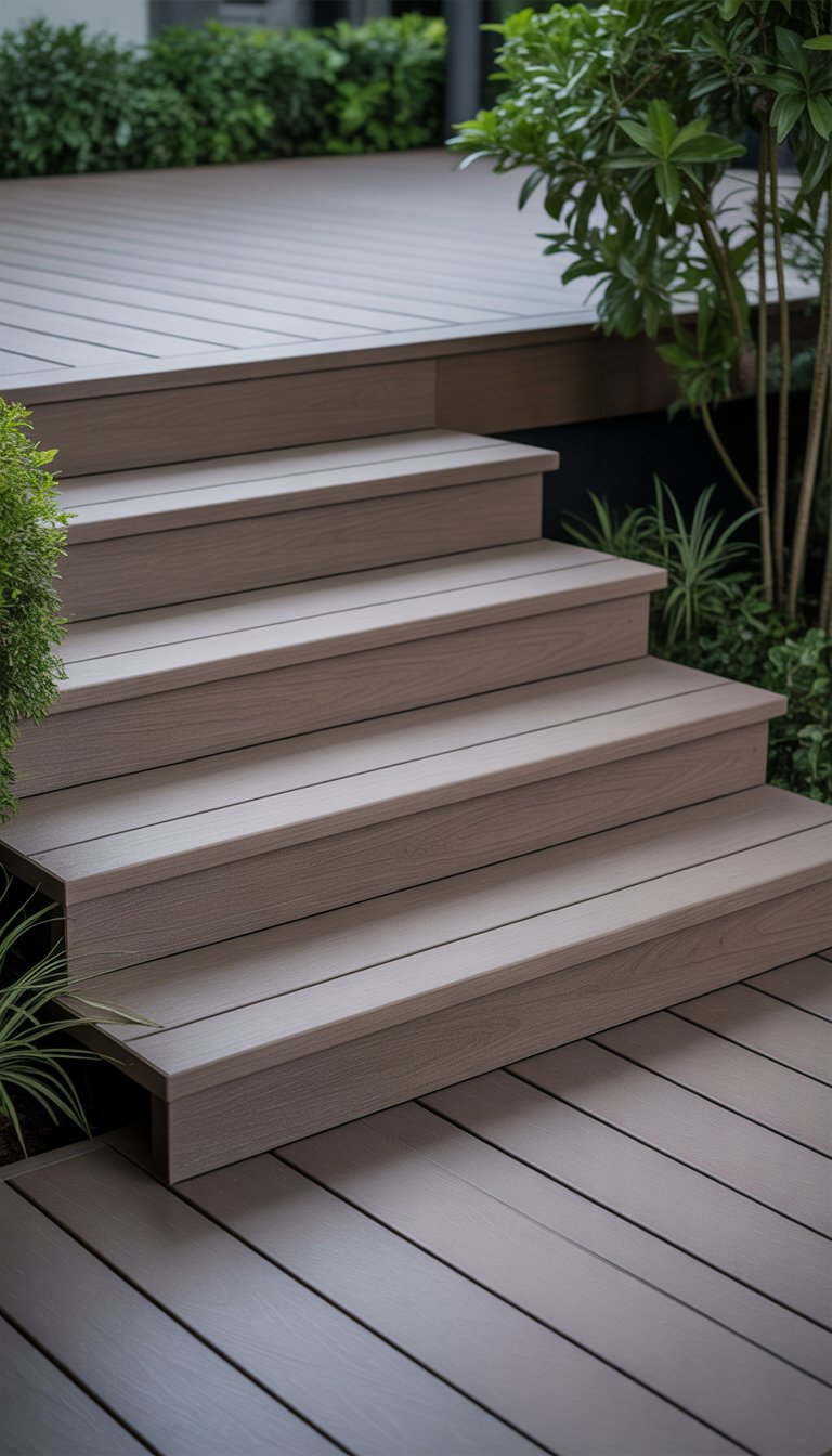 A set of composite deck stairs leading down to a backyard with green plants and shrubs.
