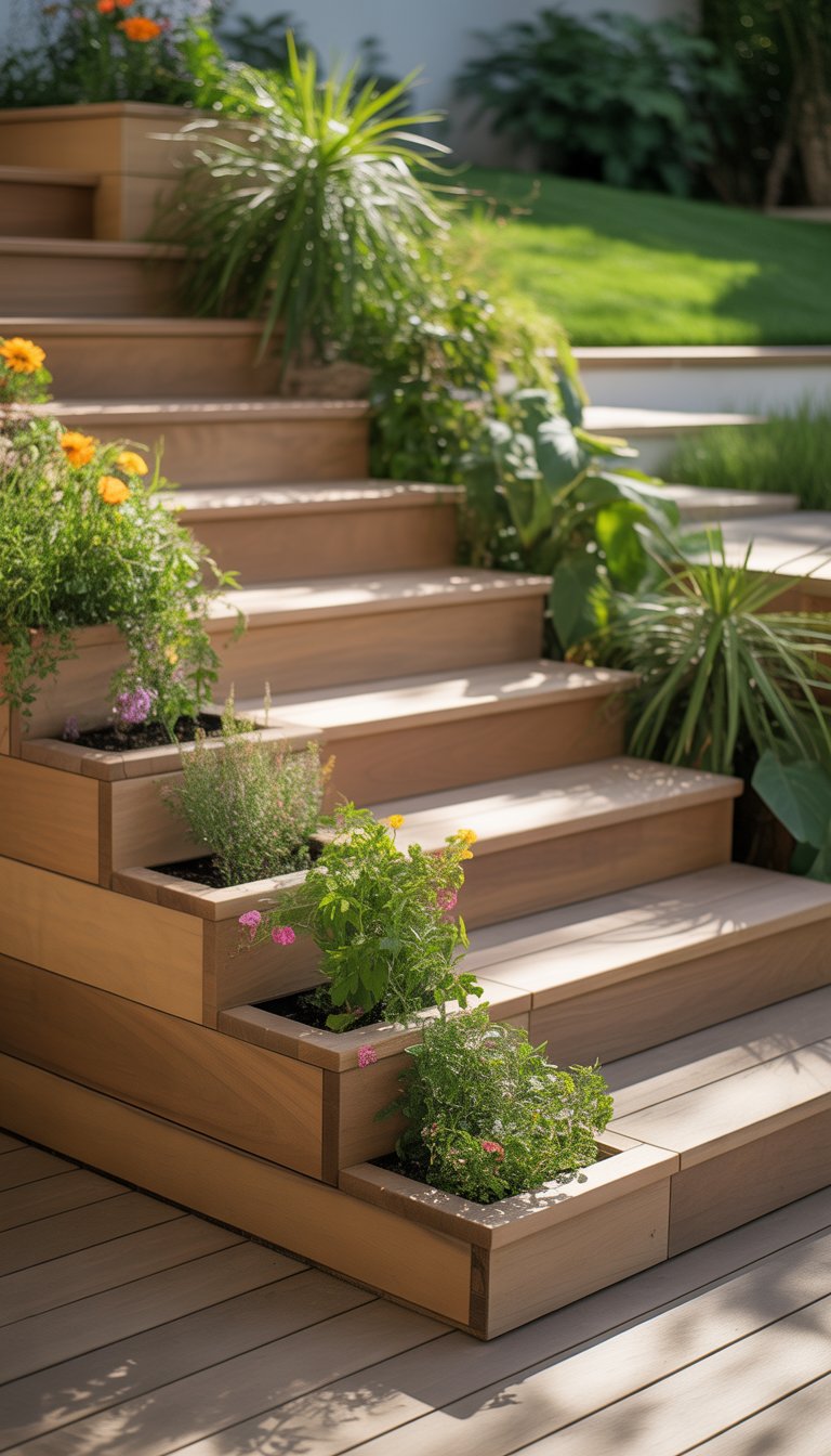 Outdoor wooden deck stairs with built-in planter boxes filled with green plants and flowers in a garden setting.