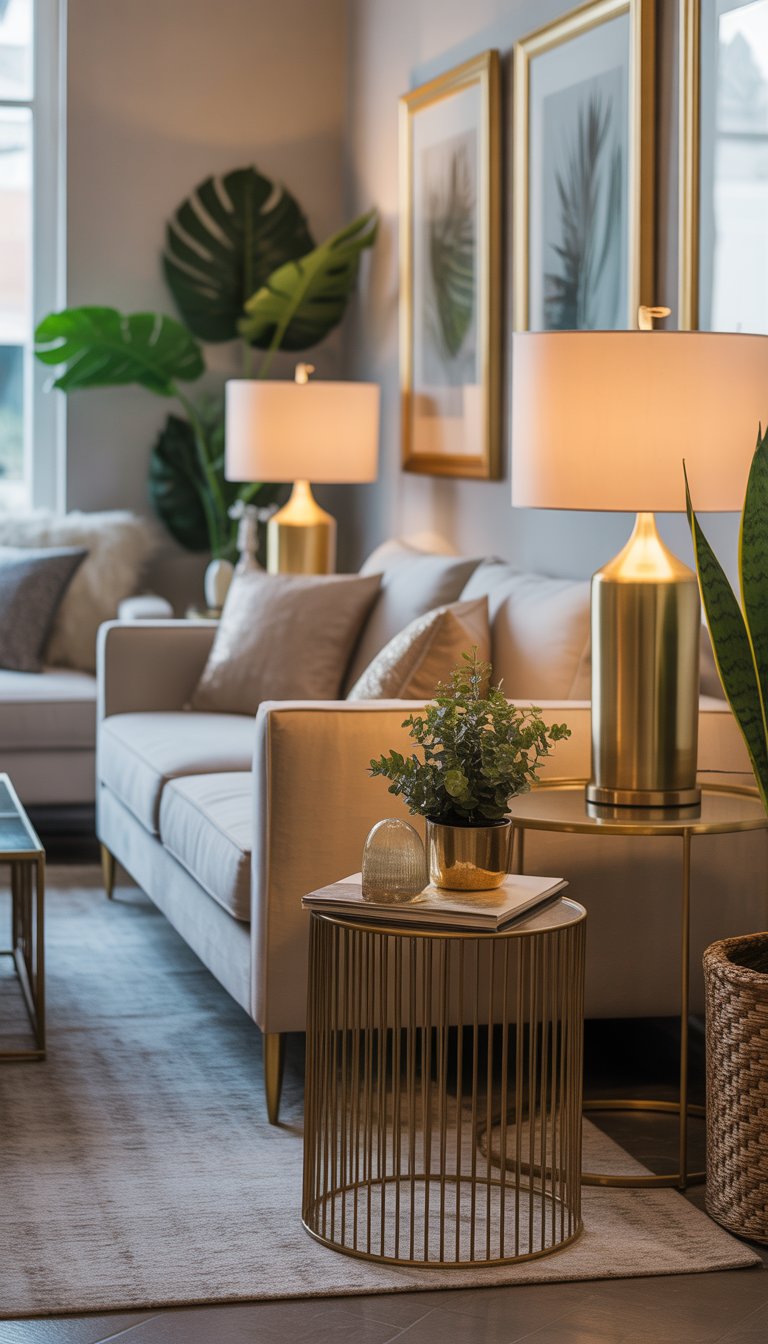 A well-lit living room with sofas, brass lamps, gold side tables, plants, and artwork.