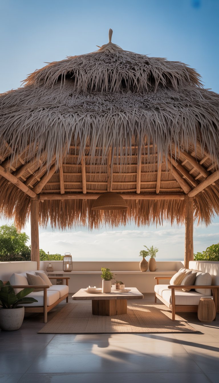 Outdoor patio with a thatched palapa roof, wooden beams, seating area, and plants under a clear sky.