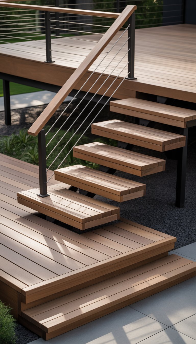 A modern wooden platform staircase with side steps in an outdoor setting surrounded by greenery.